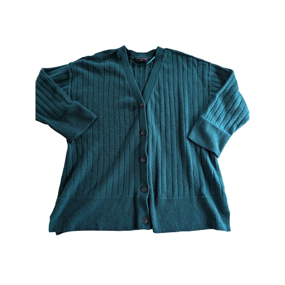 Lane Bryant Women 22/24 Teal Green Ribbed Button Front V-Neck Cardigan Sweater